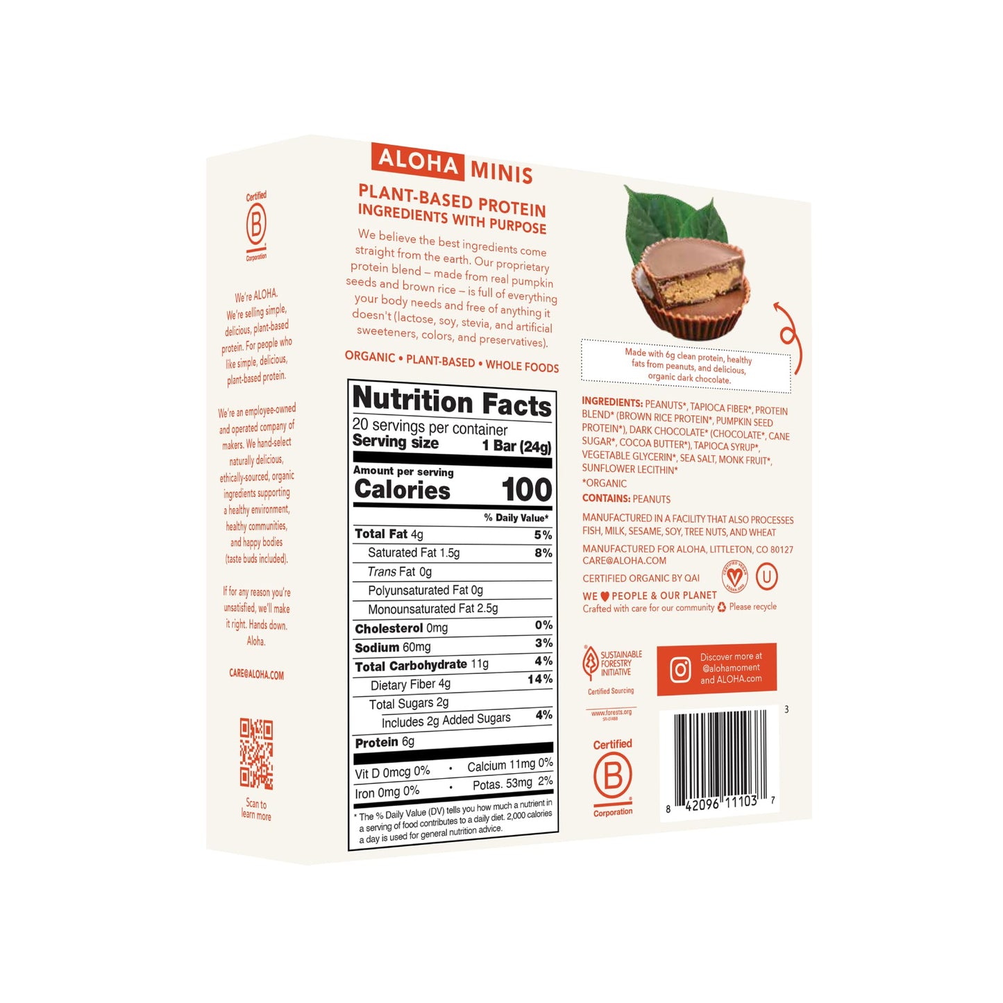 ALOHA Organic Plant Based Protein Bar MINIS |Peanut Butter Cup | 20 Count, 24g Bars | Vegan, Low Sugar, Gluten Free, Low Carb, Non-GMO, Stevia Free