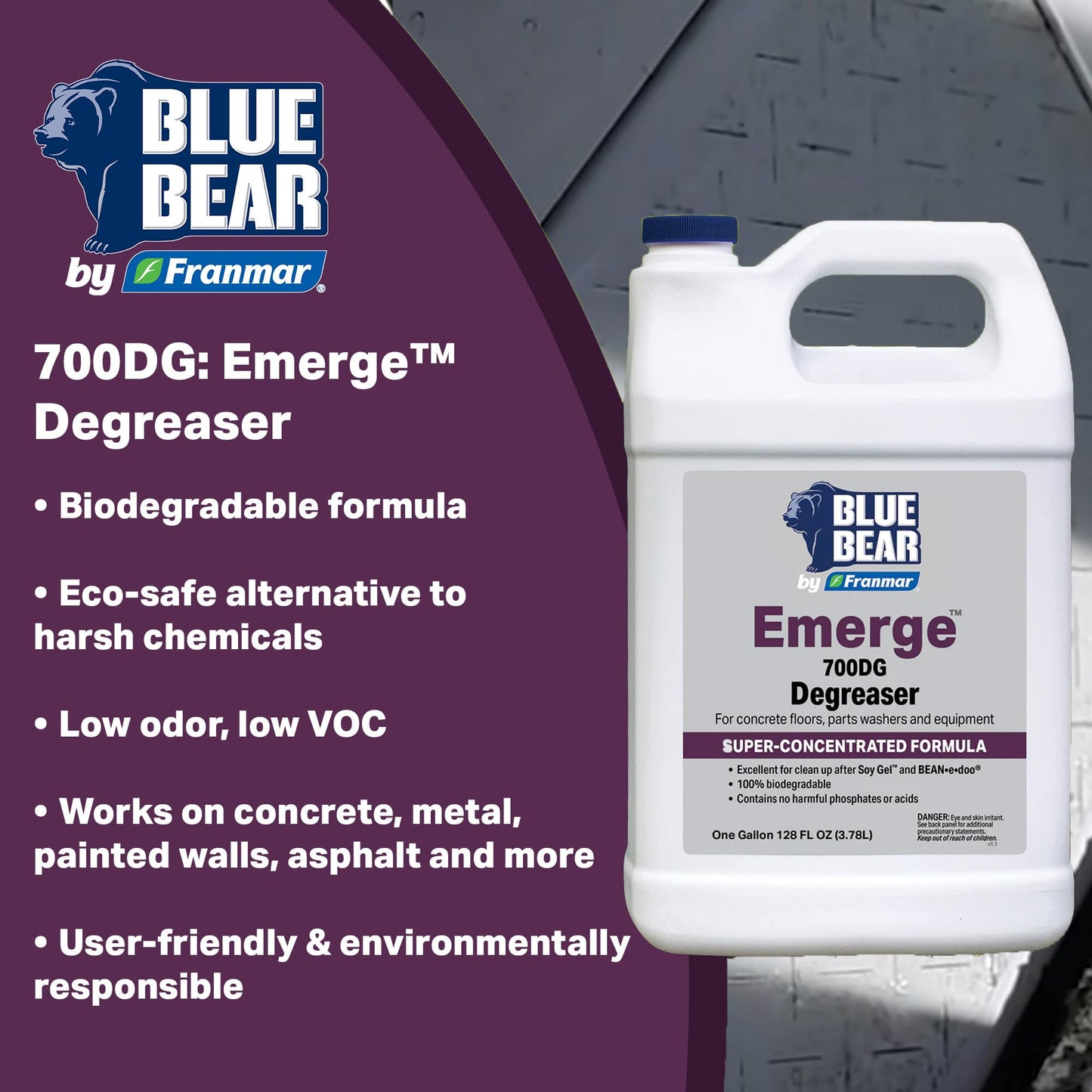 BLUE BEAR 700DG Emerge Degreaser Low-Odor, Biodegradable Cleaner Removes Oil, Grease, Dirt & Grime from Concrete, Tile, Wood, Stone & Tools Safe