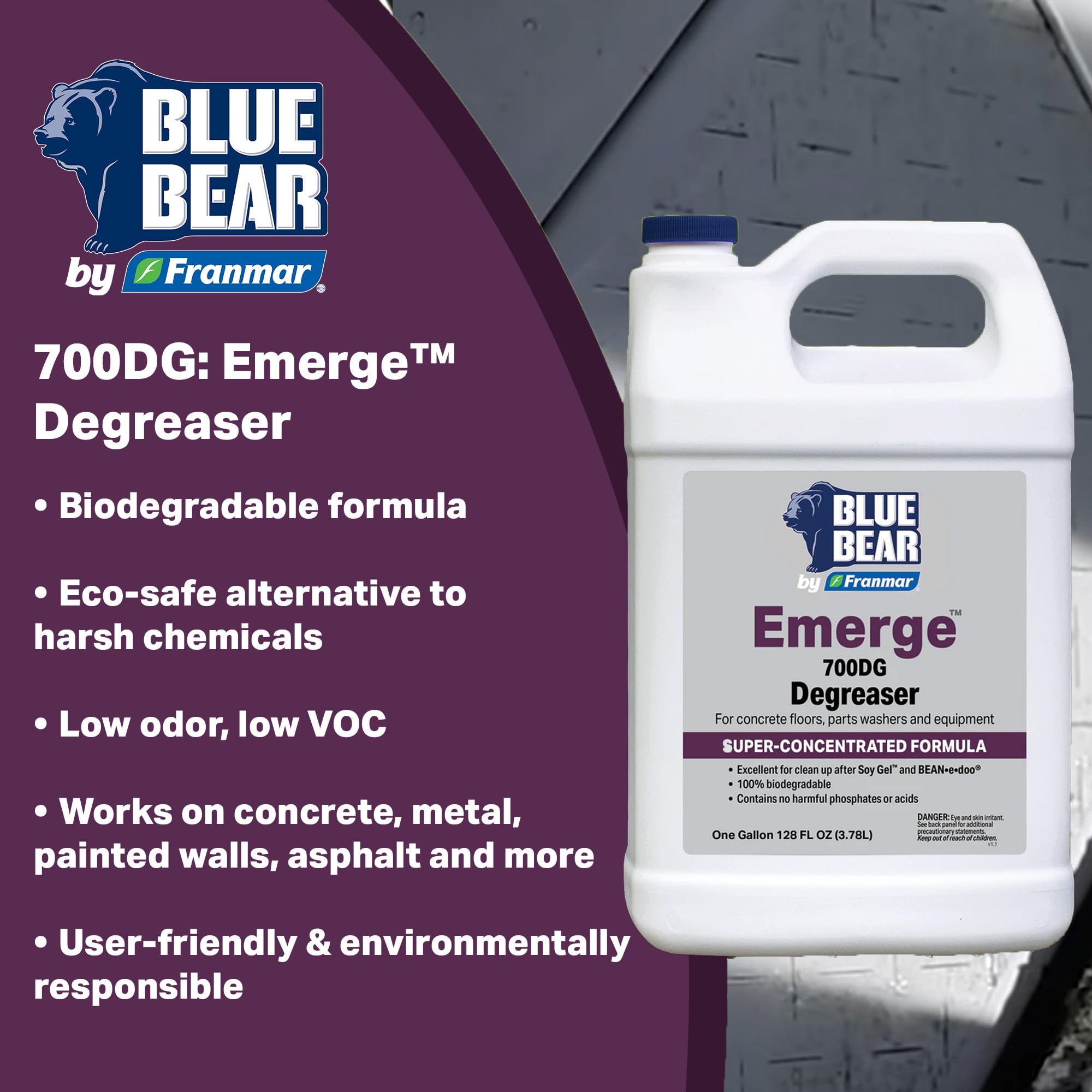 BLUE BEAR 700DG Emerge Degreaser Low-Odor, Biodegradable Cleaner Removes Oil, Grease, Dirt & Grime from Concrete, Tile, Wood, Stone & Tools Safe