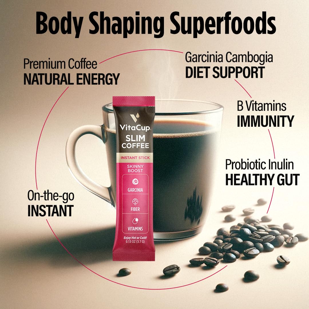 VitaCup Slim Instant Coffee Packets, with Garcinia, Fiber, B Vitamins, Bold & Smooth, Medium Dark Roast, 100% Arabica Coffee in Single Serve Sticks