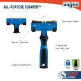 Unger Professional Connect and Clean 4" All-Purpose Scraper, Window, Glass, and Floor Scraping Tool Supplies, Adhesive Removal, Gum, Stickers, Paint