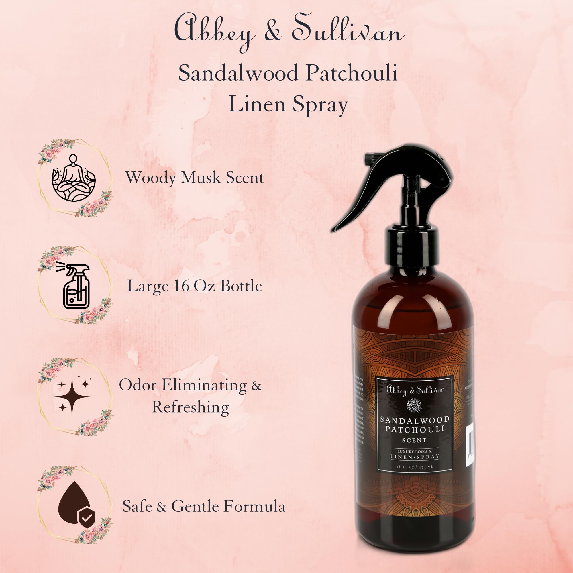 Abbey & Sullivan Linen Spray, Sandalwood & Patchouli, Warm and Earthy Odor Eliminating Scent, Pack of 2, 16 oz