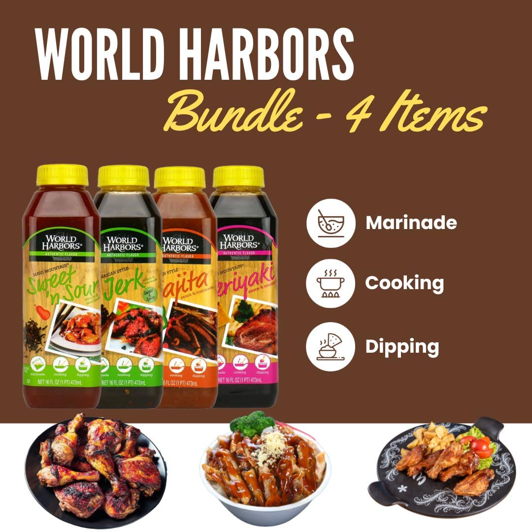 Bundle - 4 Items: World Harbors Marinade Sauces - Mexican Style Fajita, Maui Mountain Teriyaki, Jamaican Style Jerk, Maui Mountain Sweet 'n Sour