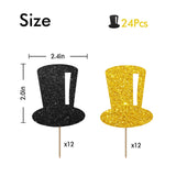 24PCS Tophat Cupcake Toppers, Hat Cupcake Topper for Boys, Little Boy Food Picks, Magic Themed Birthday Party Decoration - Black & Gold Glitter