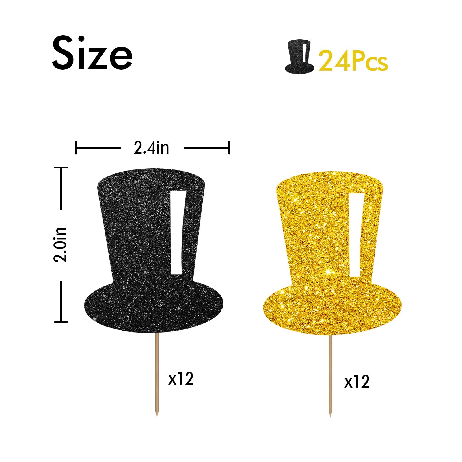 24PCS Tophat Cupcake Toppers, Hat Cupcake Topper for Boys, Little Boy Food Picks, Magic Themed Birthday Party Decoration - Black & Gold Glitter