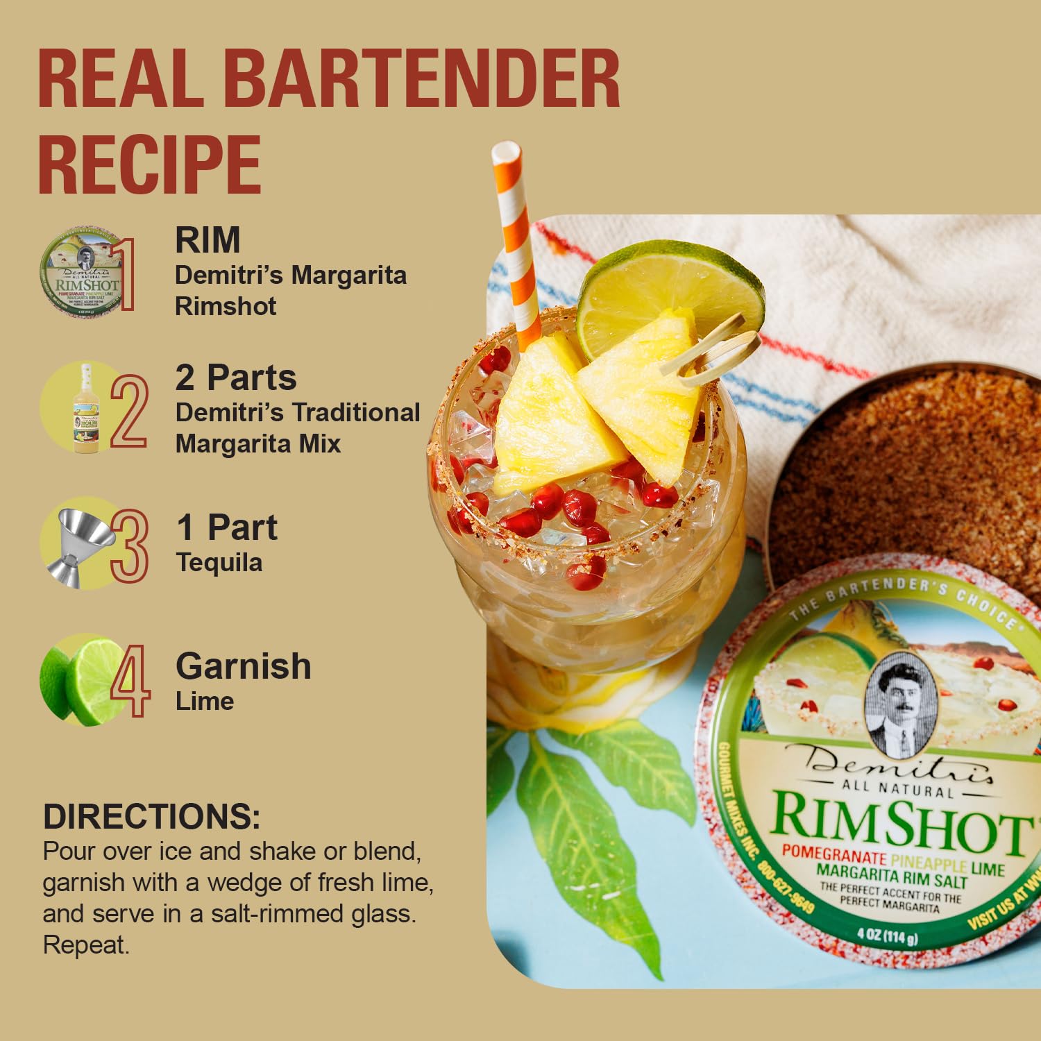 Demitri's RimShot Margarita Salt Rimmers - Made W/Hawaiian Sea Salt - Rimmer for Cocktails - Blend of Pineapple, Pomegranate & Lime - Margarita Salt