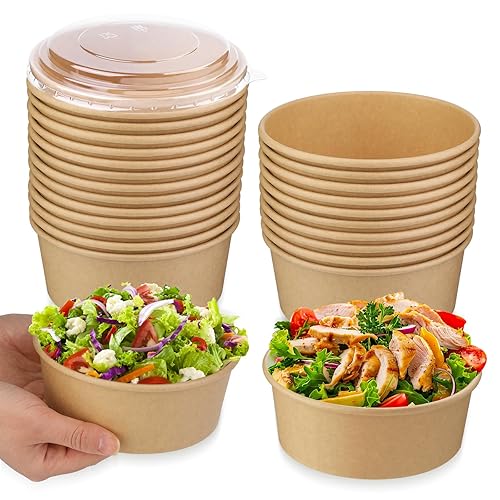 Giwrmu 25 oz 25 Pcs Disposable Meal Prep Containers with Lids, Disposable Paper Bowls with Clear Lids, 750 ML Round Shape Disposable Food Containers
