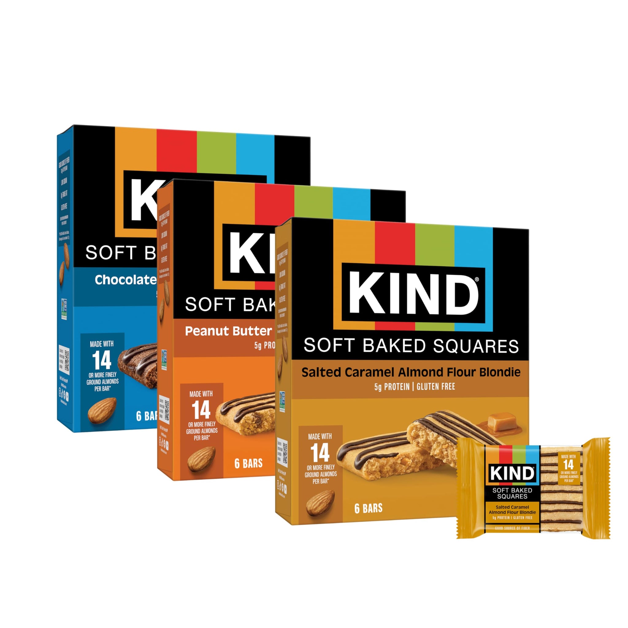 KIND Soft Baked Squares Variety Pack, Gluten Free, Healthy Snack Bars, Chocolate, Peanut Butter, Salted Caramel Almond, 5g Protein, 18 Count