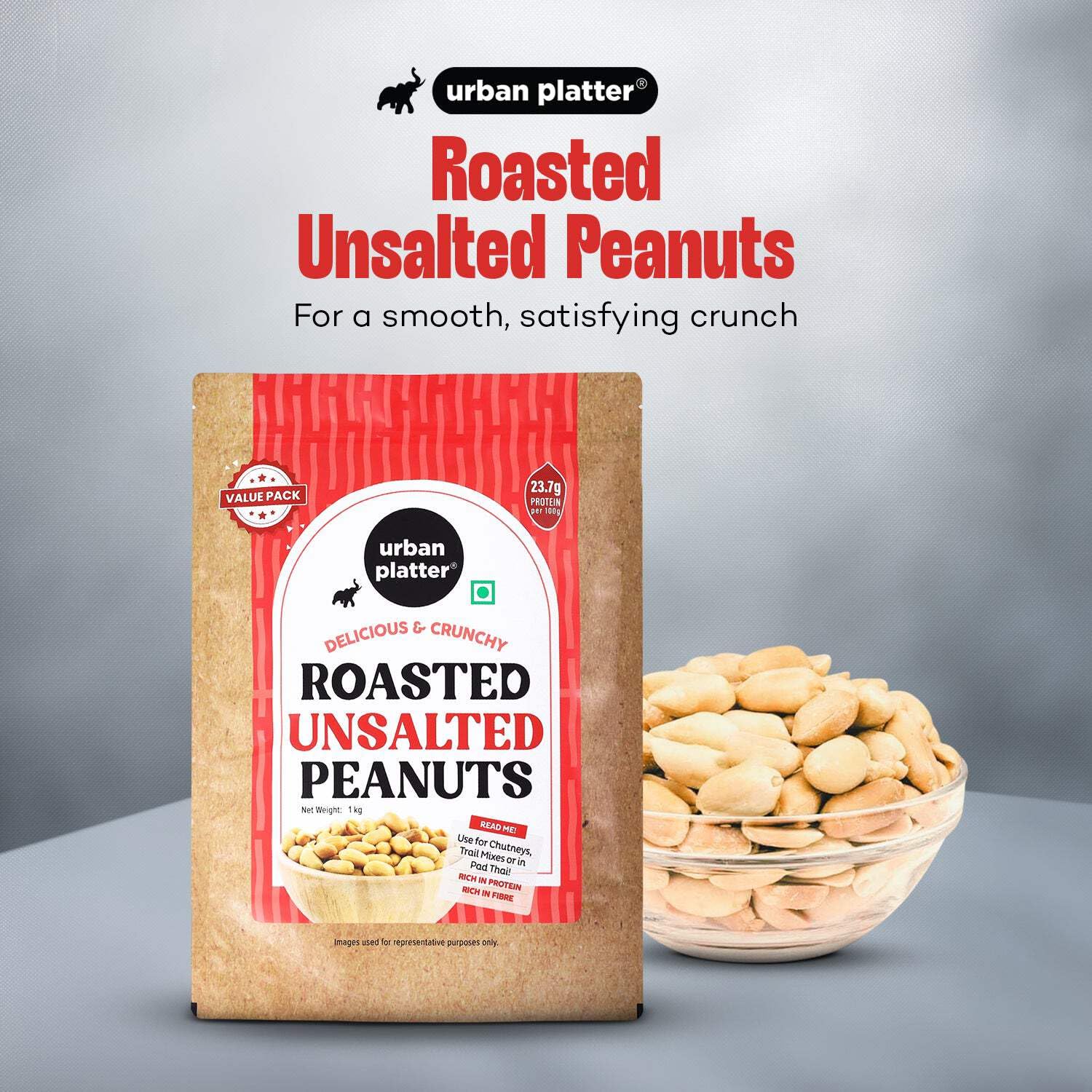 Urban Platter Roasted Unsalted Peanuts, 900g [Grade A Peanuts, Skin Removed]