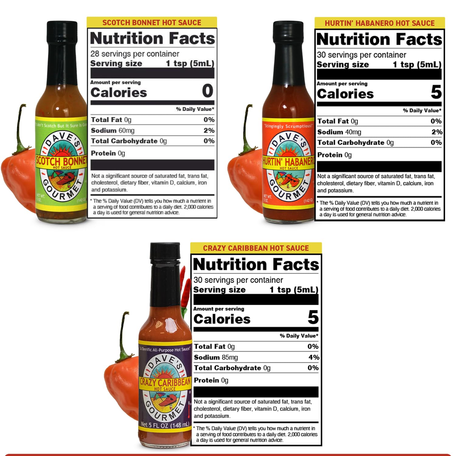 Dave's Gourmet The Slow Burn Bundle - Scotch Bonnet, Hurtin Habanero, & Crazy Caribbean, 5 oz Hot Sauce Bottles (Variety Pack of 3) - Gluten-Free, No