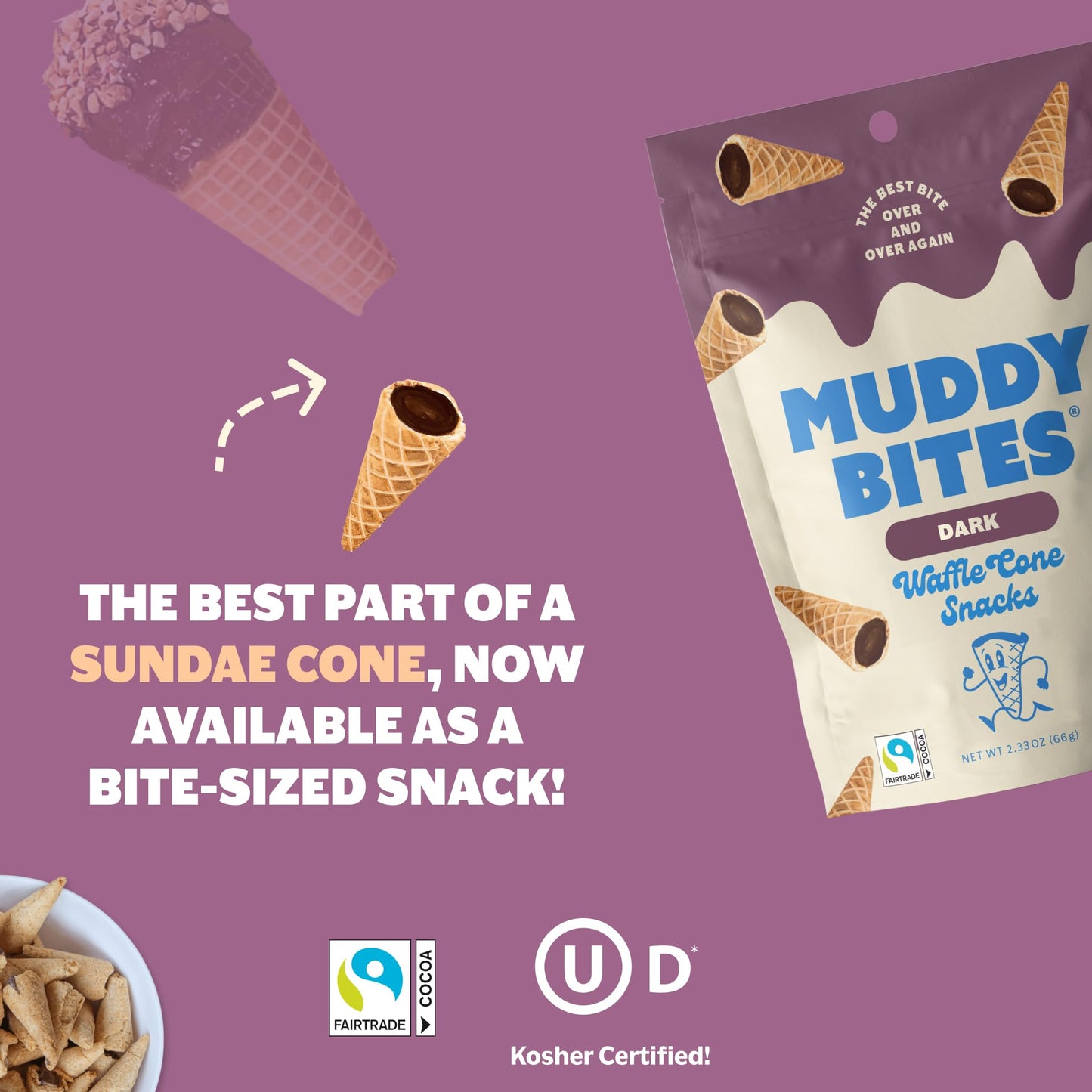 Muddy Bites - Dark Chocolate - Waffle Cone Snack Bite Sized Filled Cone Bites for Snack or Dessert Made with Cane Sugar, Kosher, Fair Trade Certified