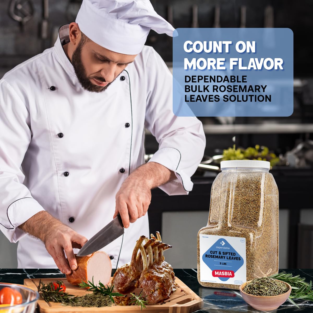 Dependable Food Rosemary Leaves Cut & Sifted - 3 Lb. Jar - Bulk, Kosher, Rosemary Herb for Chefs, Restaurants & Culinary Enthusiasts - Non-GMO
