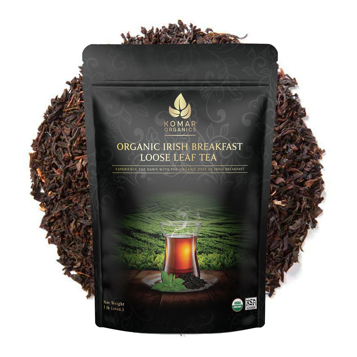 Komar Organics Irish Breakfast Tea - 16Oz USDA Organic Black Loose Leaf Tea - Certified Kosher Ceylon and Assam Black Tea Loose Leaf Rich in