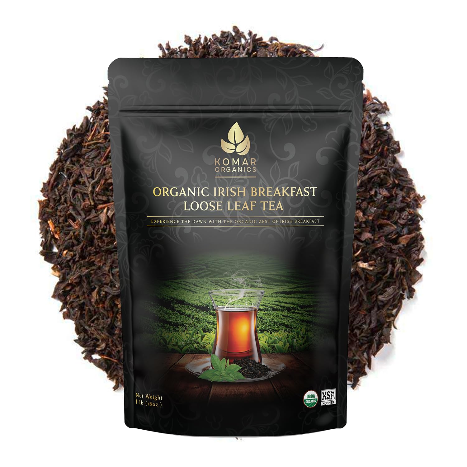 Komar Organics Irish Breakfast Tea - 16Oz USDA Organic Black Loose Leaf Tea - Certified Kosher Ceylon and Assam Black Tea Loose Leaf Rich in