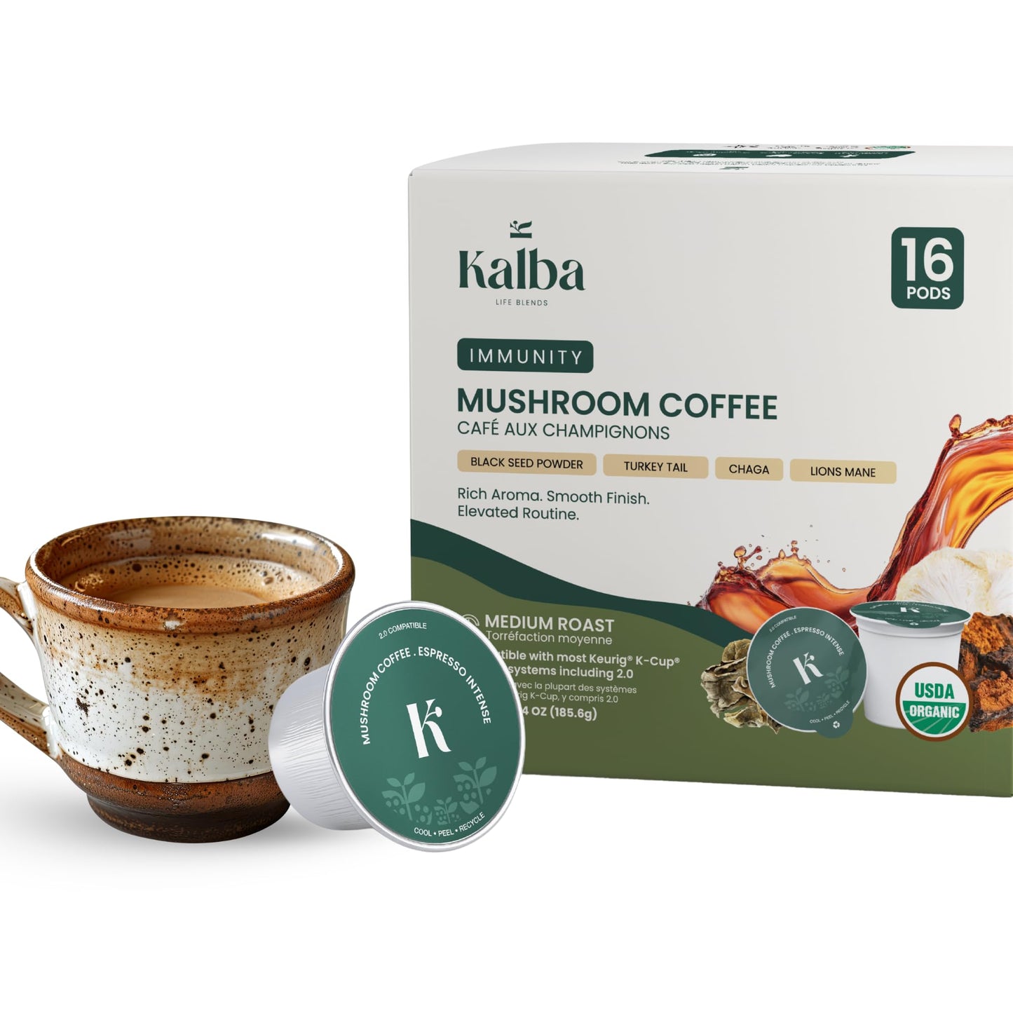Organic Mushroom Coffee Pods with Lion’s Mane, Chaga, Turkey Tail & Nigella Seed - Medium Roast Functional Wellness Coffee Pods for Focus, Calm Energy