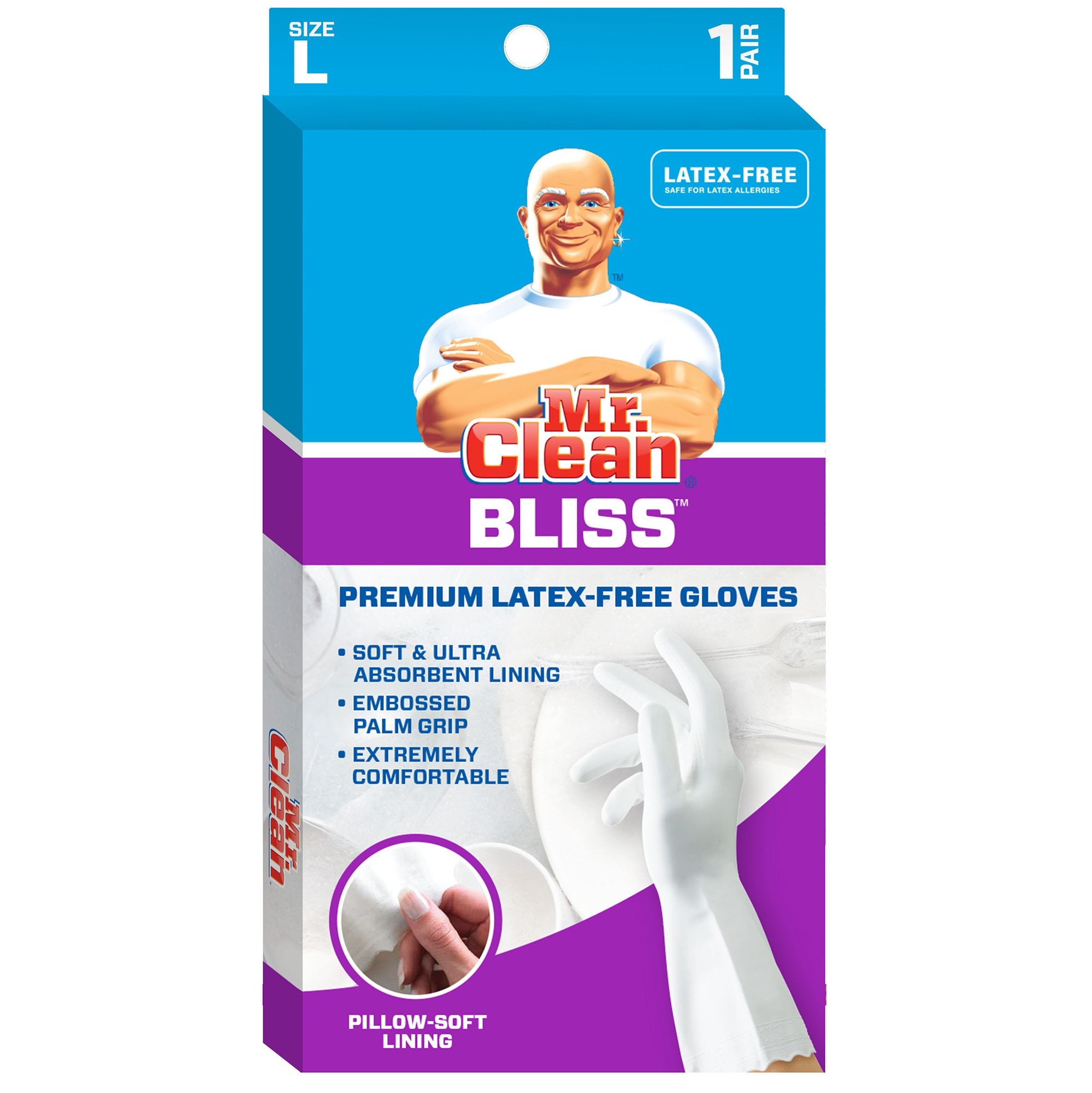 Mr. Clean Bliss Cleaning Gloves Premium Reusable Vinyl Latex-Free Gloves with Non-Slip Grip, Large