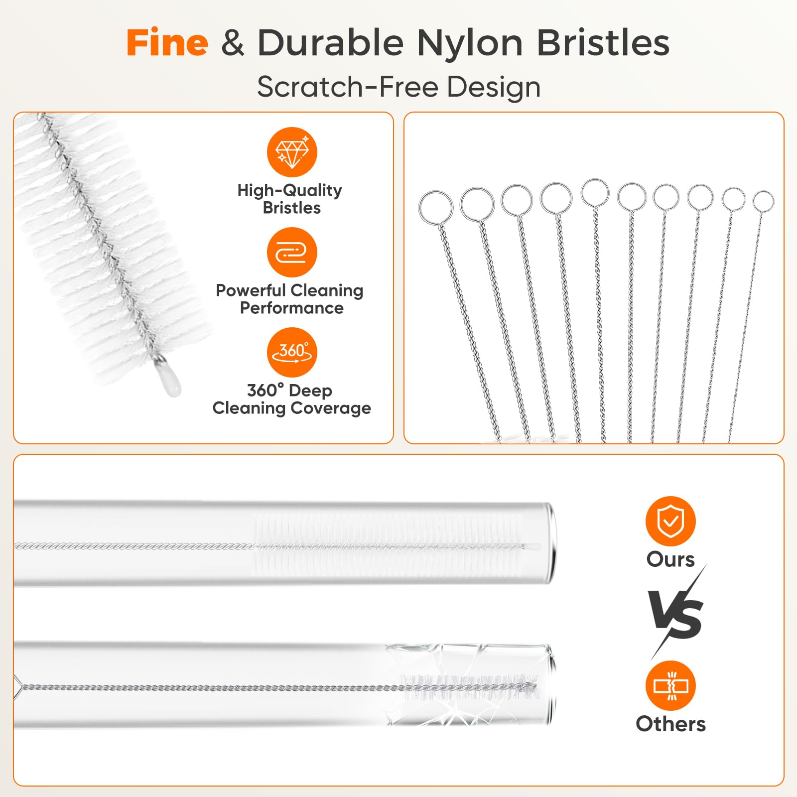 Iwooduubb 10-Packs Premium Straw Cleaner Brush in Mixed Sizes, 8IN Long Reusable Stainless Steel Cleaning Brushes Set with Soft Sturdy Nylon Bristles