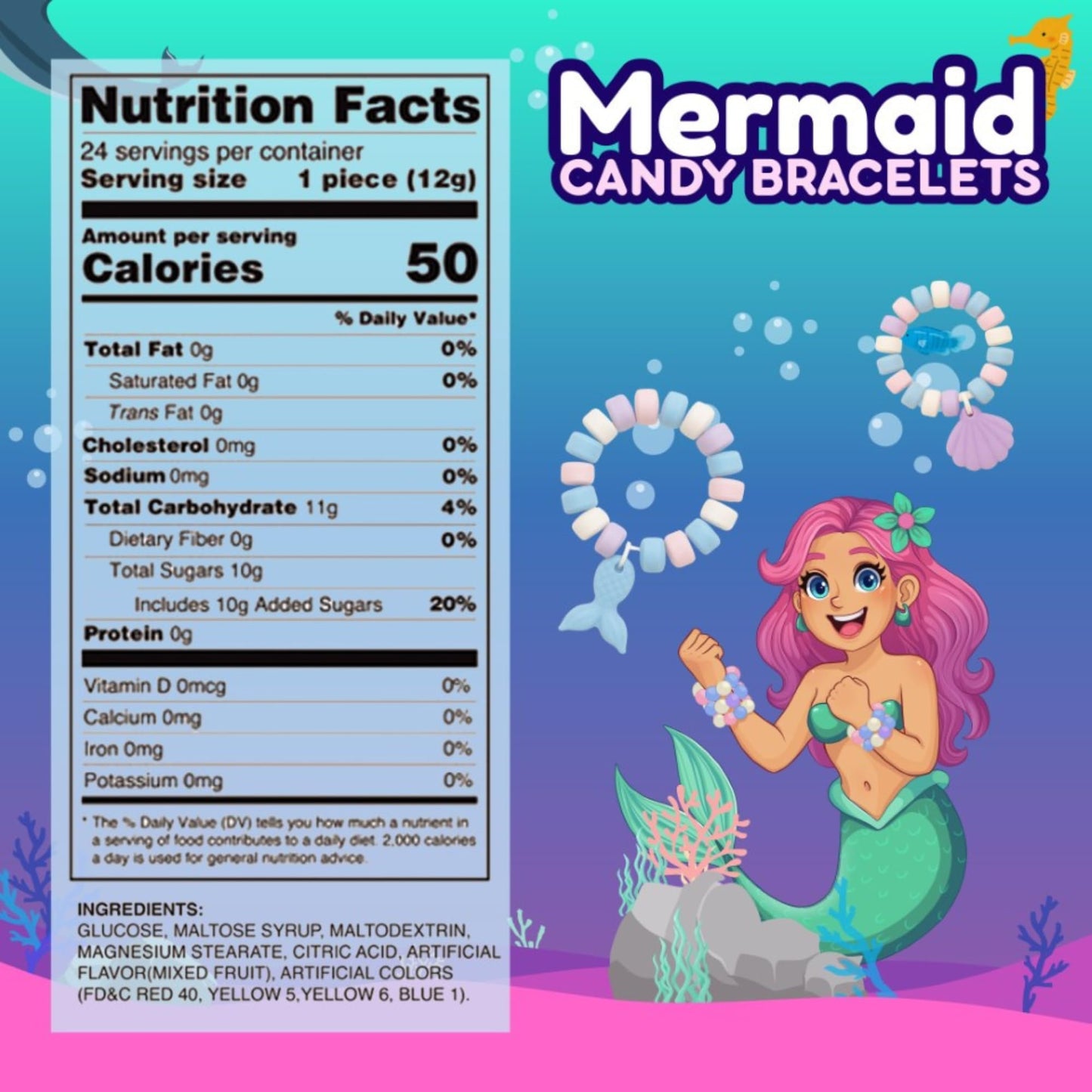Mermaid Candy Bracelets, 24 Individually Wrapped Edible Jewelry, Girls Birthday Party Favors, 10.16 Ounces