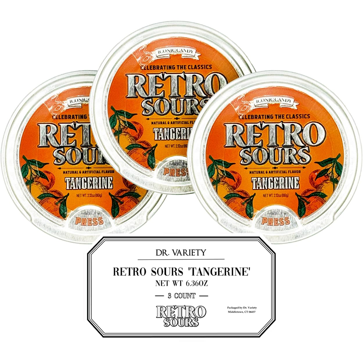Retro Sours Tangerine Drops (3 Pack) - Nostalgic Hard Citrus Treats in Reusable Tins - Tangy Tangerine Flavor Pieces - Retro Style Pocket Tins