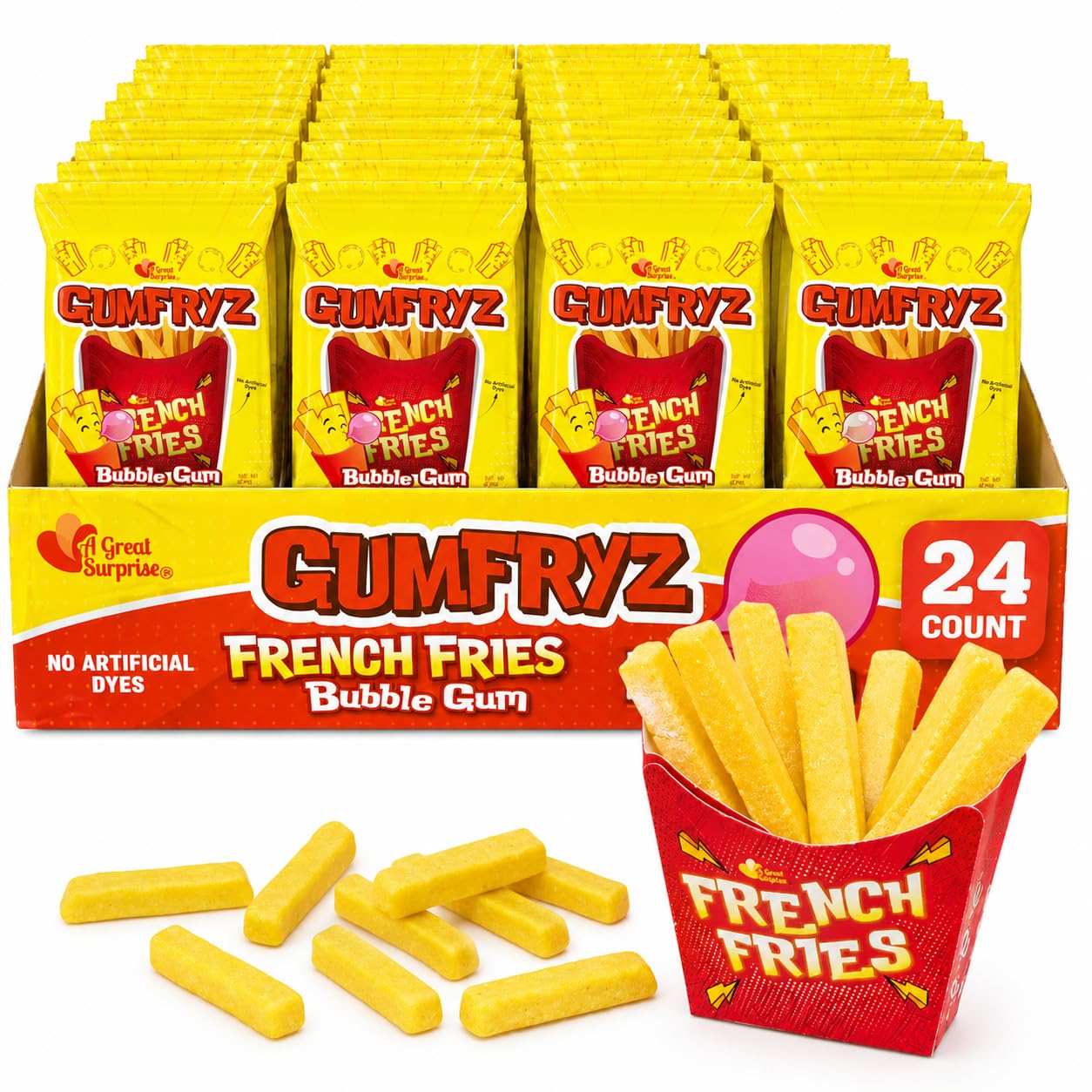 French Fries Bubble Gum - 24 Count Bulk Pack - Novelty Fry-Shaped Bubble Gum Bags - No Artificial Dyes - Fun Food Theme Party Candy