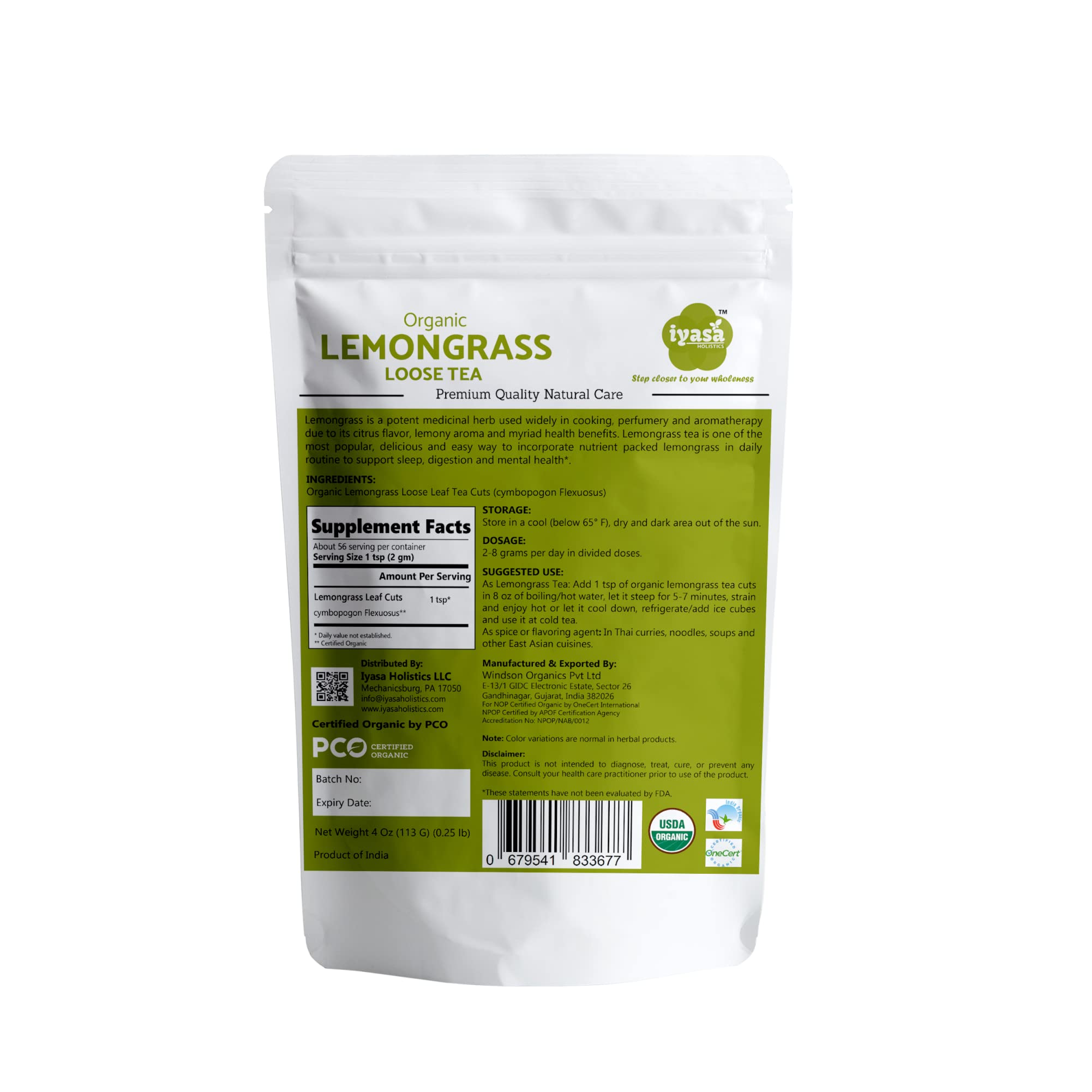 Iyasa Holistics Organic Lemongrass 4 oz - USDA Certified Lemongrass Tea Loose Leaf Cuts, Caffeine Free Tea - East Indian Malabar Grass For Cooking
