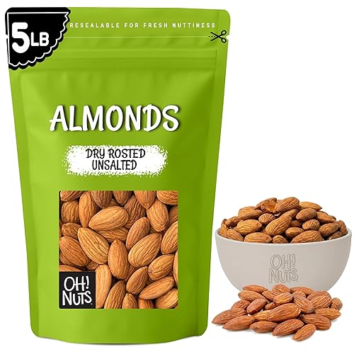 Oh! Nuts Almonds - Dry Roasted Unsalted Almonds - 5 lb - No Salt, No Oil All-Natural Protein - Packed in New York Zip-Seal Bag for Exceptional