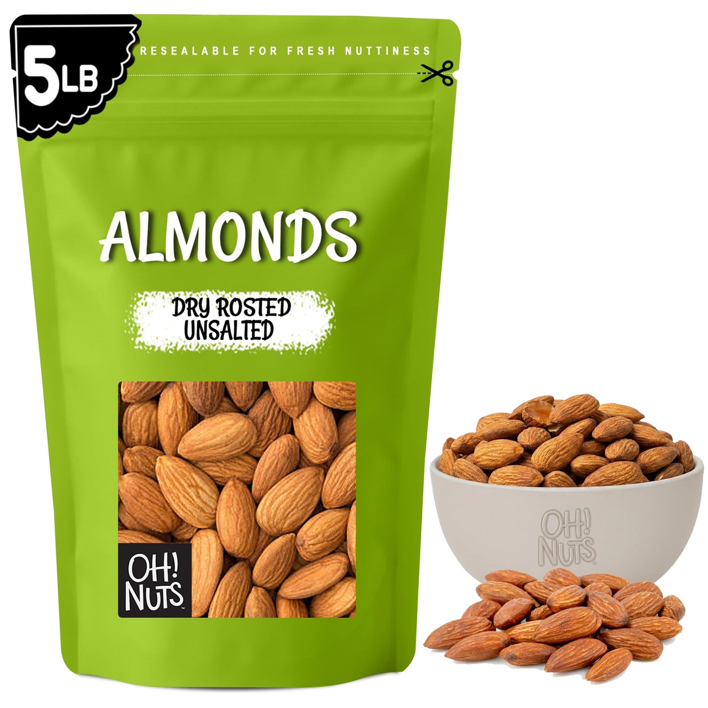 Oh! Nuts Almonds - Dry Roasted Unsalted Almonds - 5 lb - No Salt, No Oil All-Natural Protein - Packed in New York Zip-Seal Bag for Exceptional