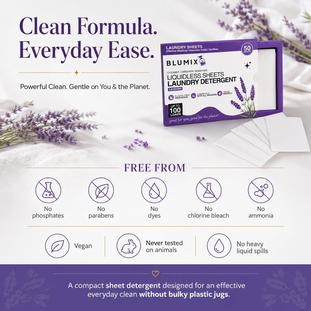 Blumix Laundry Detergent Sheets - 100 Loads | Lavender Scent | Eco-Friendly, Plastic-Free, Plant-Based Detergent for Sensitive Skin | Travel Friendly