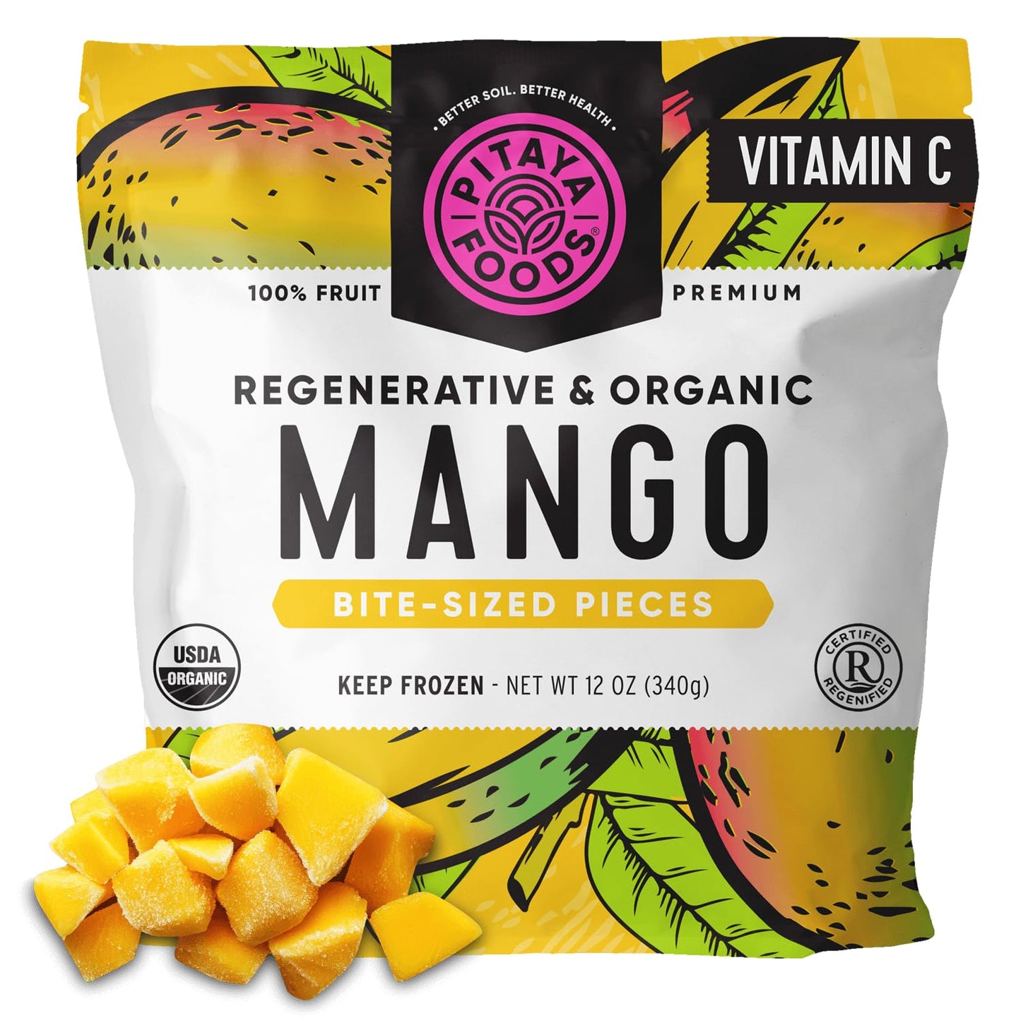 Pitaya Foods® Regenerative Organic Mango Bite-Sized Pieces, Pre-Packaged Frozen Fruit, No Added Sugar or Preservatives, Containing Fiber, Vitamin A