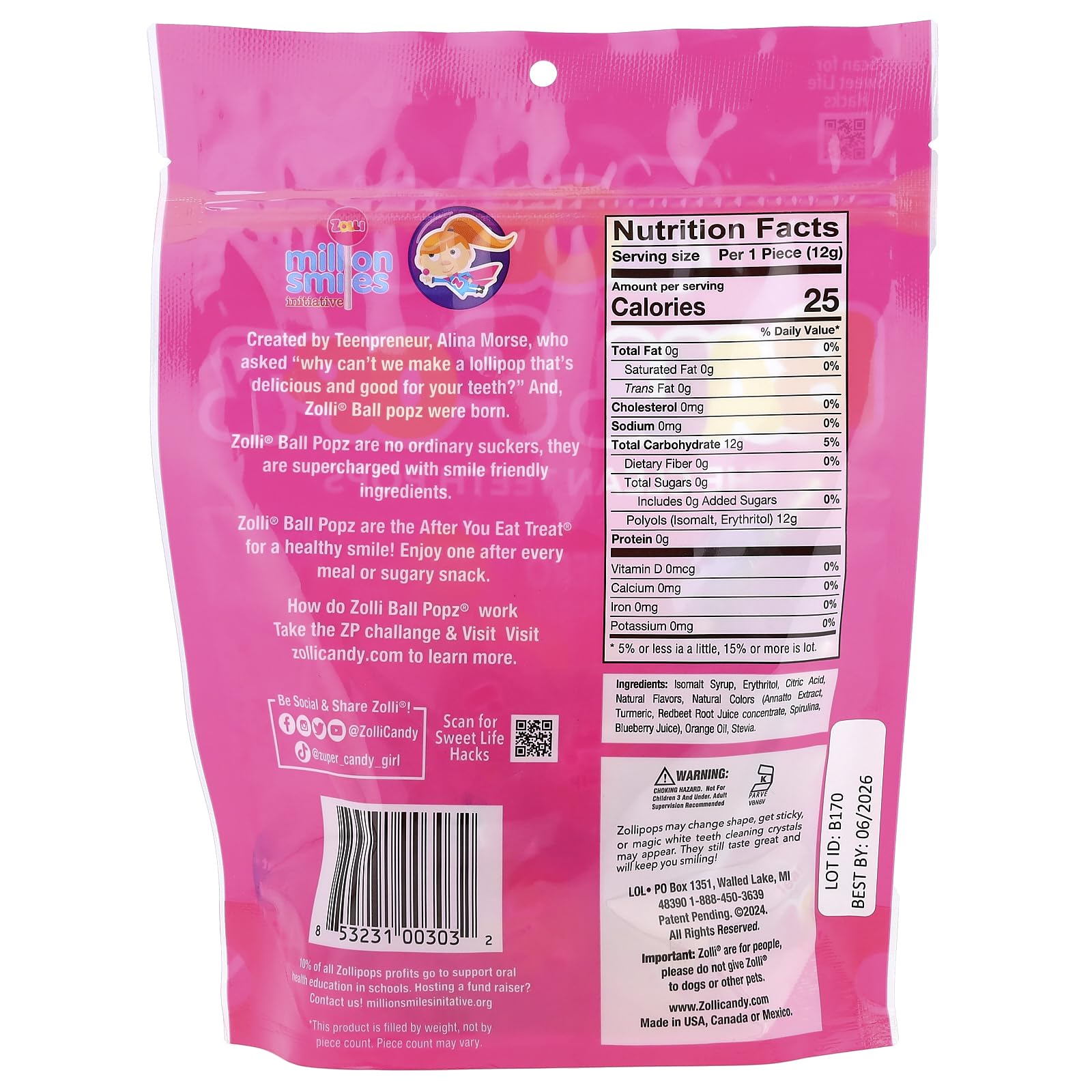 Zollipops The Clean Teeth Pops, Anti Cavity Lollipops, Ball Popz, 5.2 oz (Packaging May Vary)