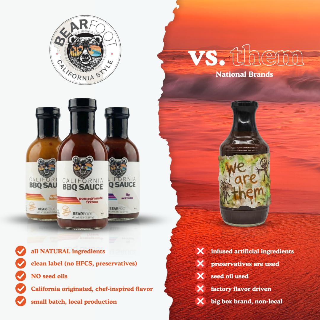 Bearfoot BBQ California BBQ Sauce Variety Pack (3-Pack) - Apricot Habanero, Fig Serrano & Pomegranate Fresno - 13.3 Oz per bottle, All Natural