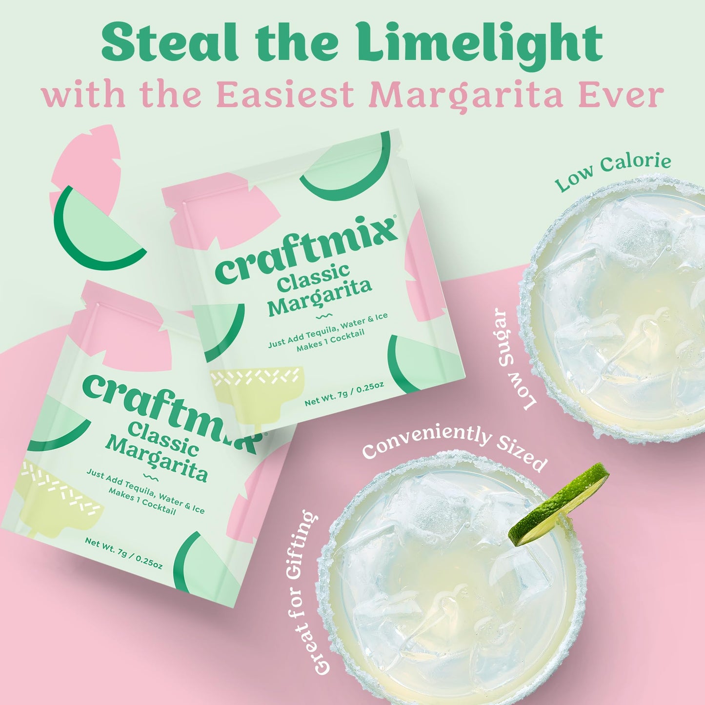 Craftmix Classic Margarita Cocktail & Mocktail Drink Mixer, Skinny Mixes - Water Flavoring Packets - Made With Real Fruit - Vegan, Low-Carb