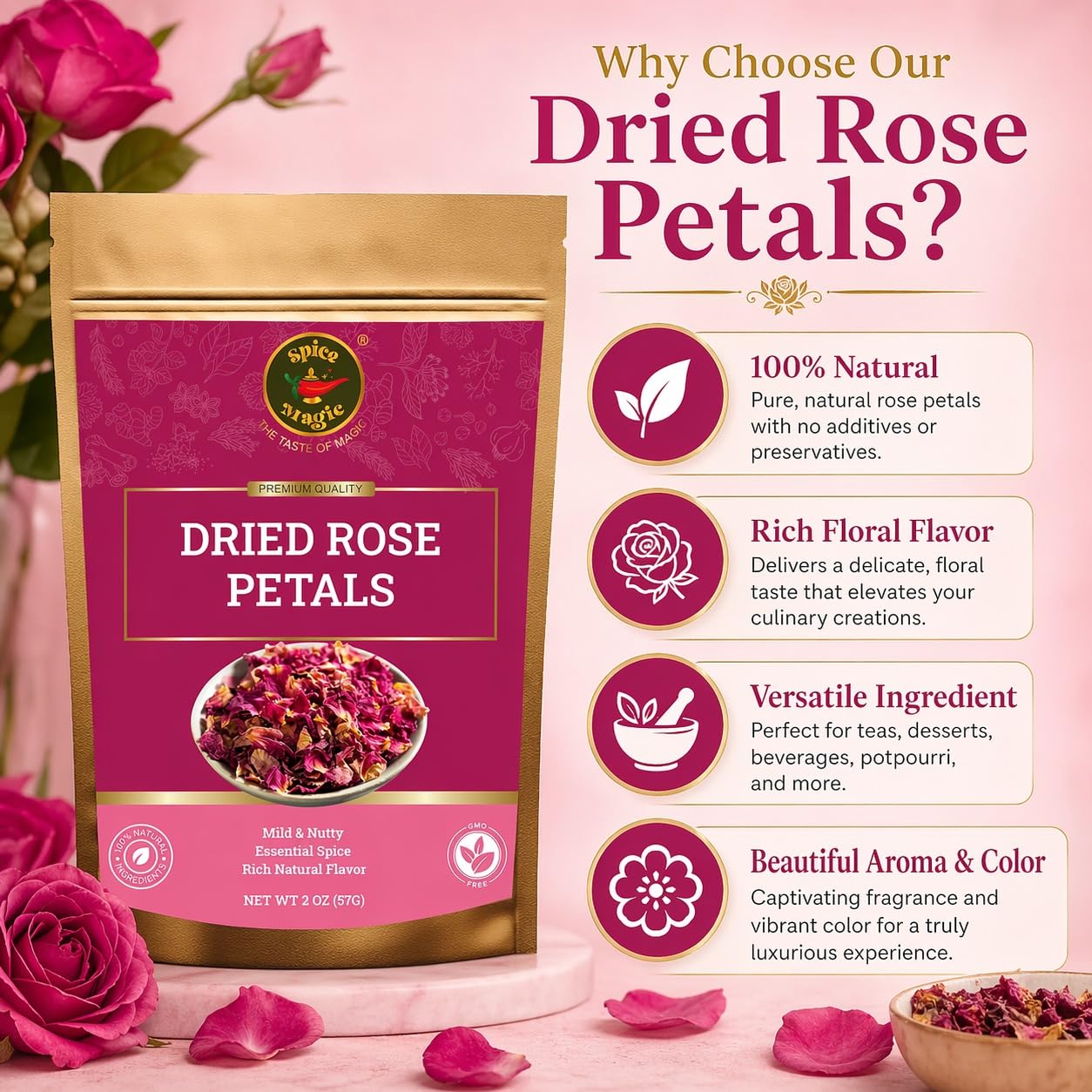 Spice Magic Dried Rose Petals | 100% Natural & Edible Rose Petals I Perfect for Herbal Teas, Desserts, Cupcake Toppings, Crafts and Decoration | Net