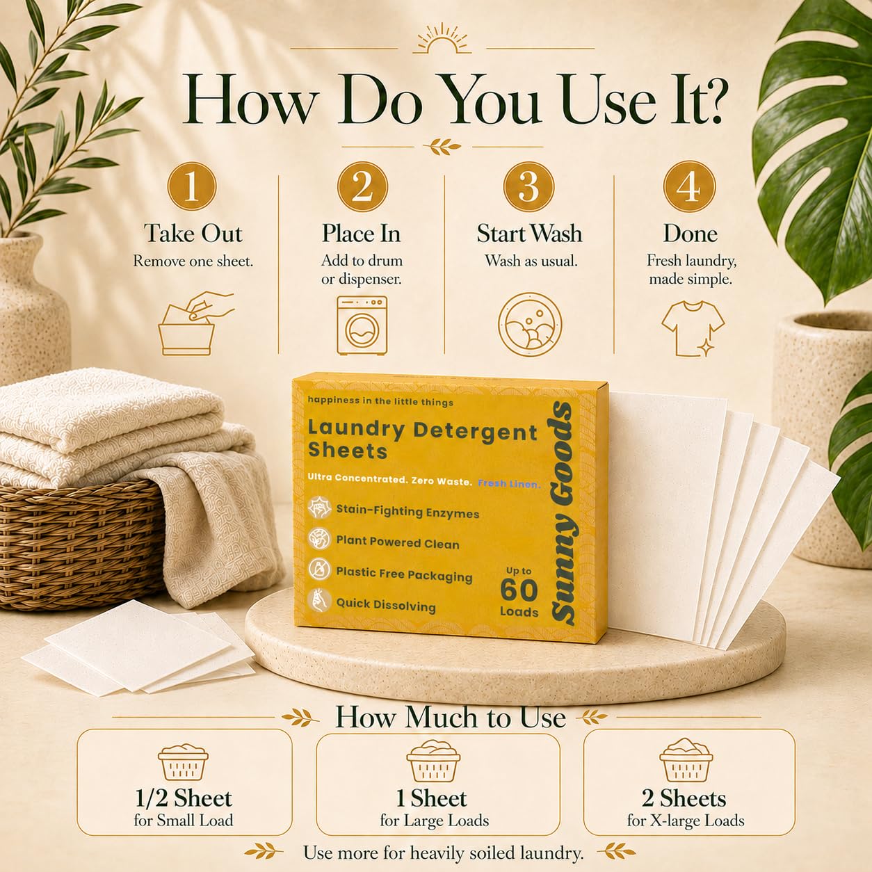 Sunny Goods Laundry Detergent Sheets with Plant Powered Stain-Fighting Enzymes - 60 Loads - Concentrated Liquidless Laundry Soap Sheets - Home