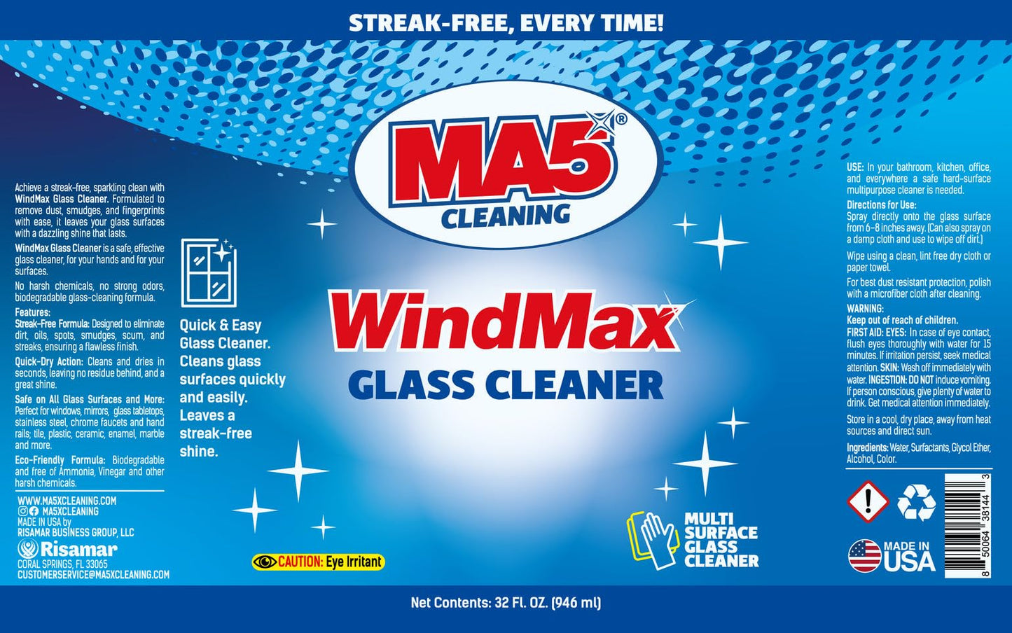 MA5x WindMax Glass Cleaner Spray - Window, Mirror, Shower & Glass Stovetop Cleaner - Streak-Free, Eco-Friendly, Pack of 2, 32oz Bottle