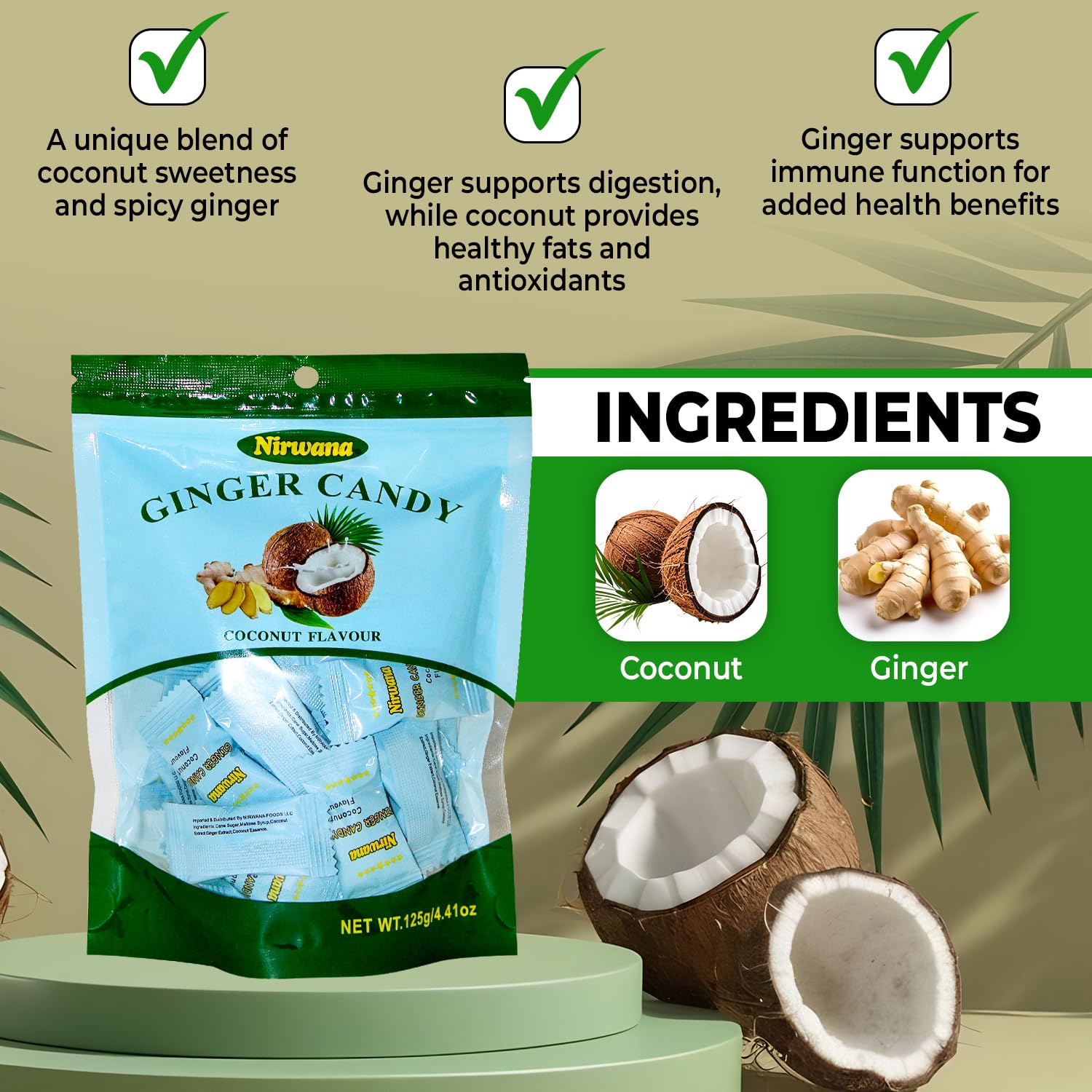 Ginger Coconut Candy - Sweet & Spicy Treat with Hints of Maltose Syrup, Coconut Essence, and Ginger Extract