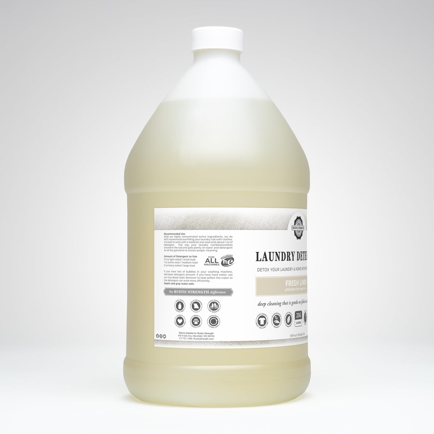 Rustic Strength Natural Laundry Detergent, Fresh Linen Scent, Liquid, Color Safe, Sensitive Skin, HE Compatible, 1 Gallon Plastic