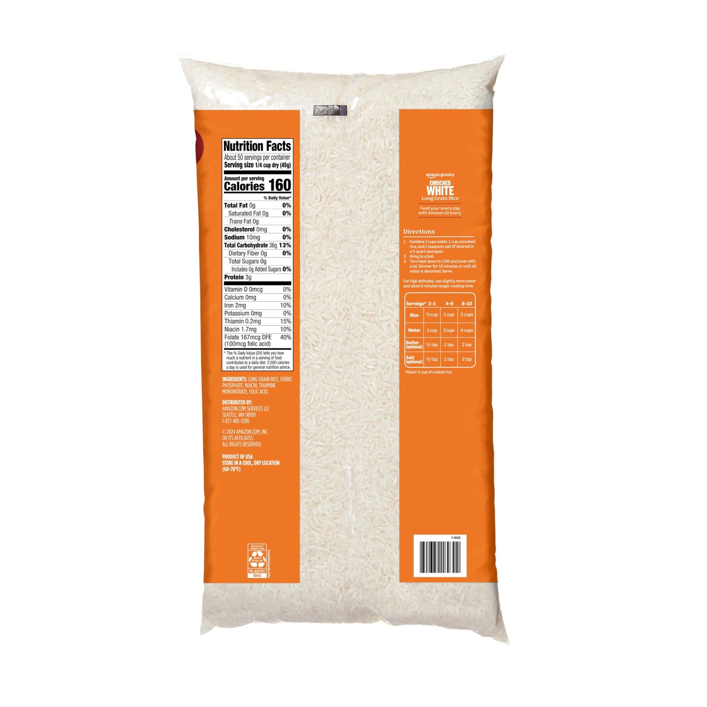 Amazon Grocery, Enriched White Long Grain Rice, 5 Lb
