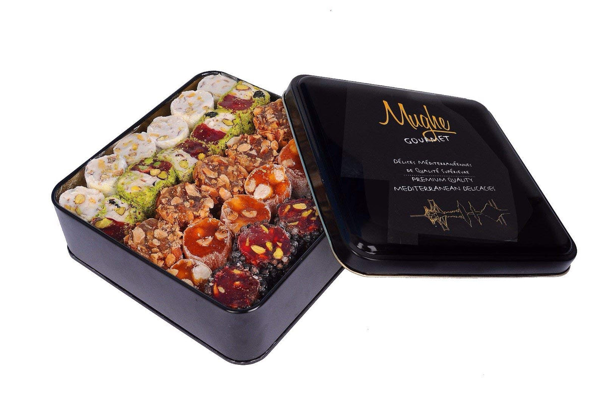 Mughe Gourmet Luxury Sultan Pistachio Turkish Delight Candy Elegant Gift Tin Box - Lokum Delights Orange, Hazelnut, Almonds - 2.2lb/1000g/54pc