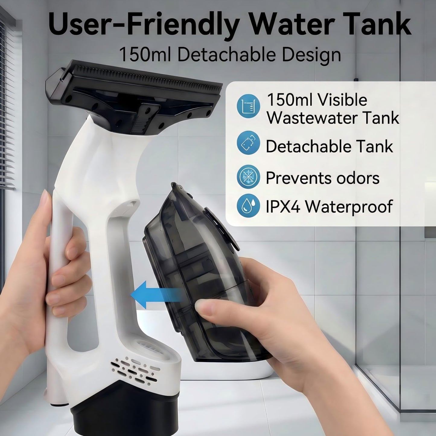 Electric Window Vacuum Squeegee, 2200mAh & 2000Pa Cordless Window Cleaner Tool with 150ml Water Collection Tank, Window Cleaning Kit for Shower Glass