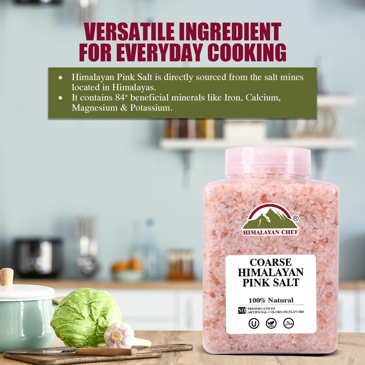 Himalayan Chef Pink Salt Coarse Grain, Plastic Jar 5 Lbs, Food Graded with Rich 84 Minerals, Pure 100% Natural Gourmet Pink Salt - Kosher Certified