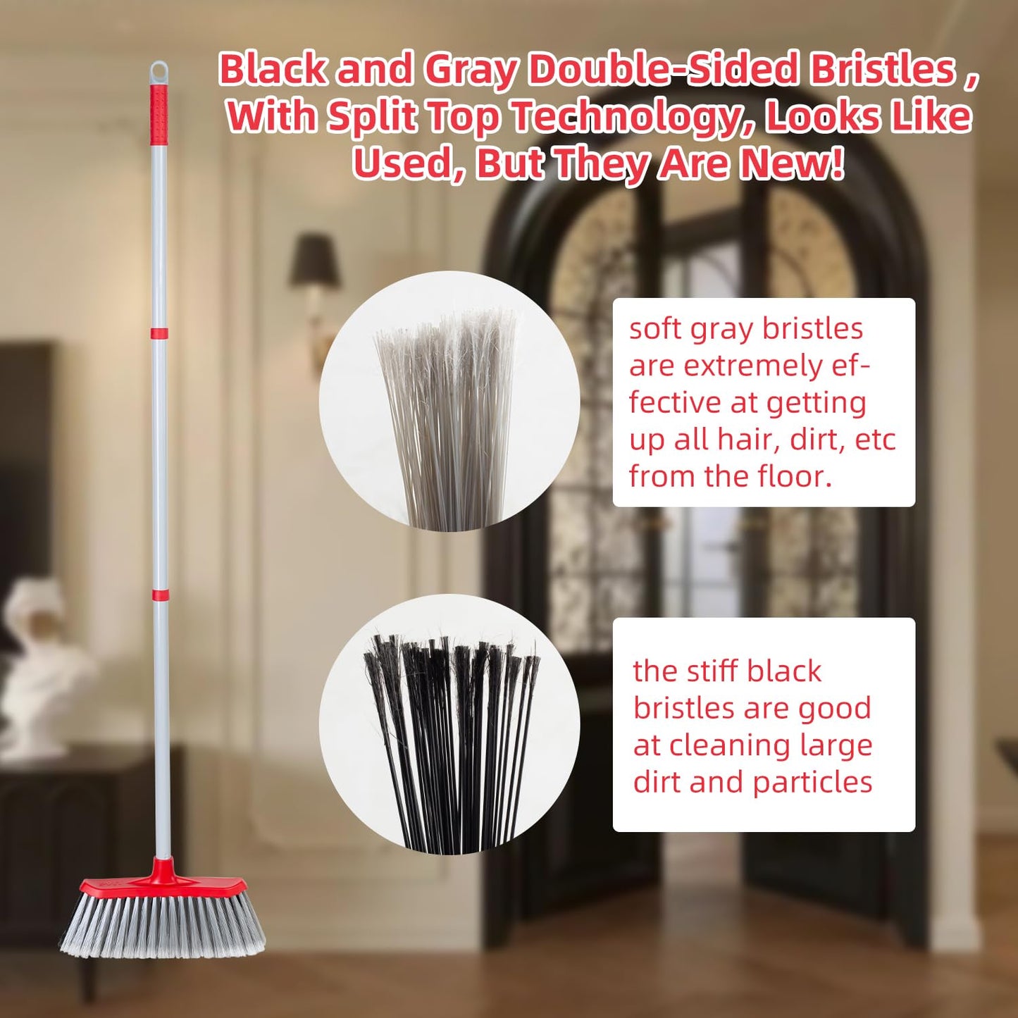 SDSM Indoor Outdoor Broom, Unique Double-Sided Bristles Long Handle Heavy Duty Broom Perfect for Home and Courtyard Garage Lobby Mall Market Floor