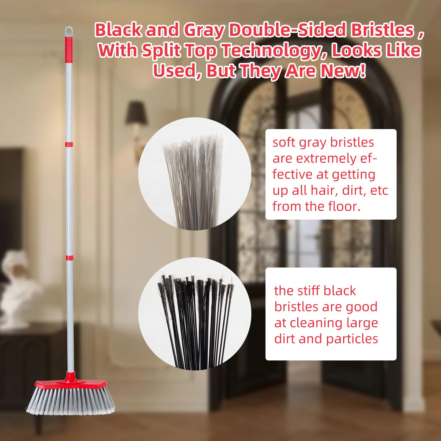 SDSM Indoor Outdoor Broom, Unique Double-Sided Bristles Long Handle Heavy Duty Broom Perfect for Home and Courtyard Garage Lobby Mall Market Floor