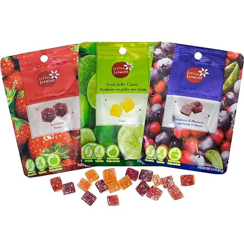Little Jasmine All Natural Fruit Jelly Candy Variety Pack, Vegan, Gluten Free Snacks (3 Bags 1.8 oz Each- Strawberry, Cranberry & Blueberry, Lime)