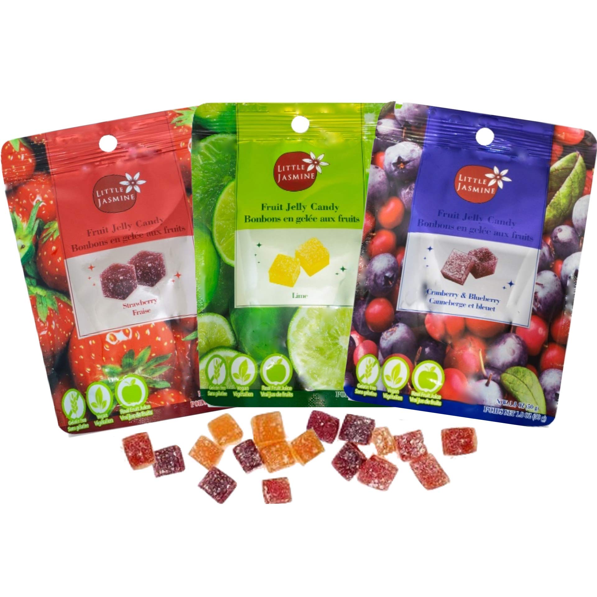 Little Jasmine All Natural Fruit Jelly Candy Variety Pack, Vegan, Gluten Free Snacks (3 Bags 1.8 oz Each- Strawberry, Cranberry & Blueberry, Lime)