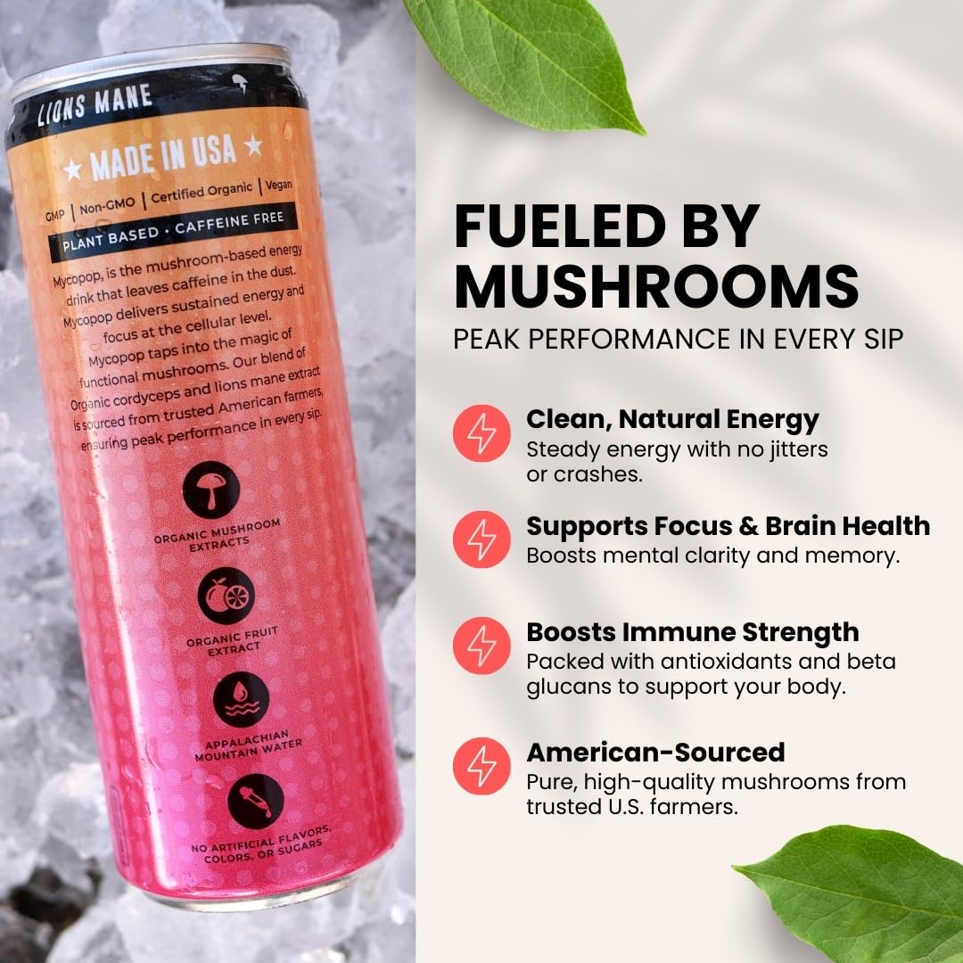 Mycopop Functional Mushroom Energy Drink, Caffeine-Free, 25 Calories, with Lions Mane & Cordyceps, Hibiscus Ginger Lemon Flavor, 12 fl oz
