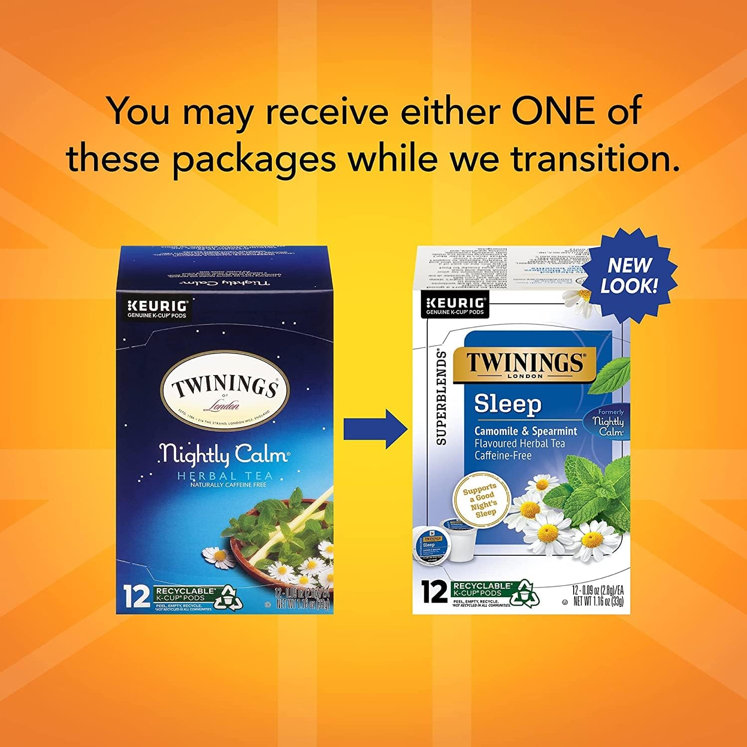 Twinings Nightly Calm Herbal Tea K-Cup Pods for Keurig - Sleep Tea, Bedtime Caffeine-Free Tea Blend, Soothing Chamomile, Relaxing Spearmint, Subtle