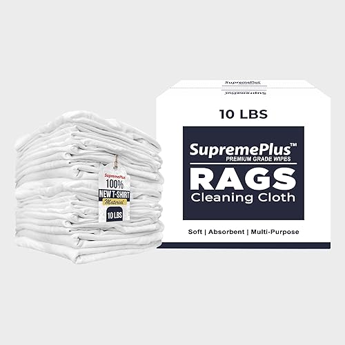 SupremePlus Premium New White Cotton Knit T-Shirt Rags (10 lbs. Box of Rags) - Lint-Free, Soft & Absorbent Cleaning Cloths for Auto, Paint, Garage