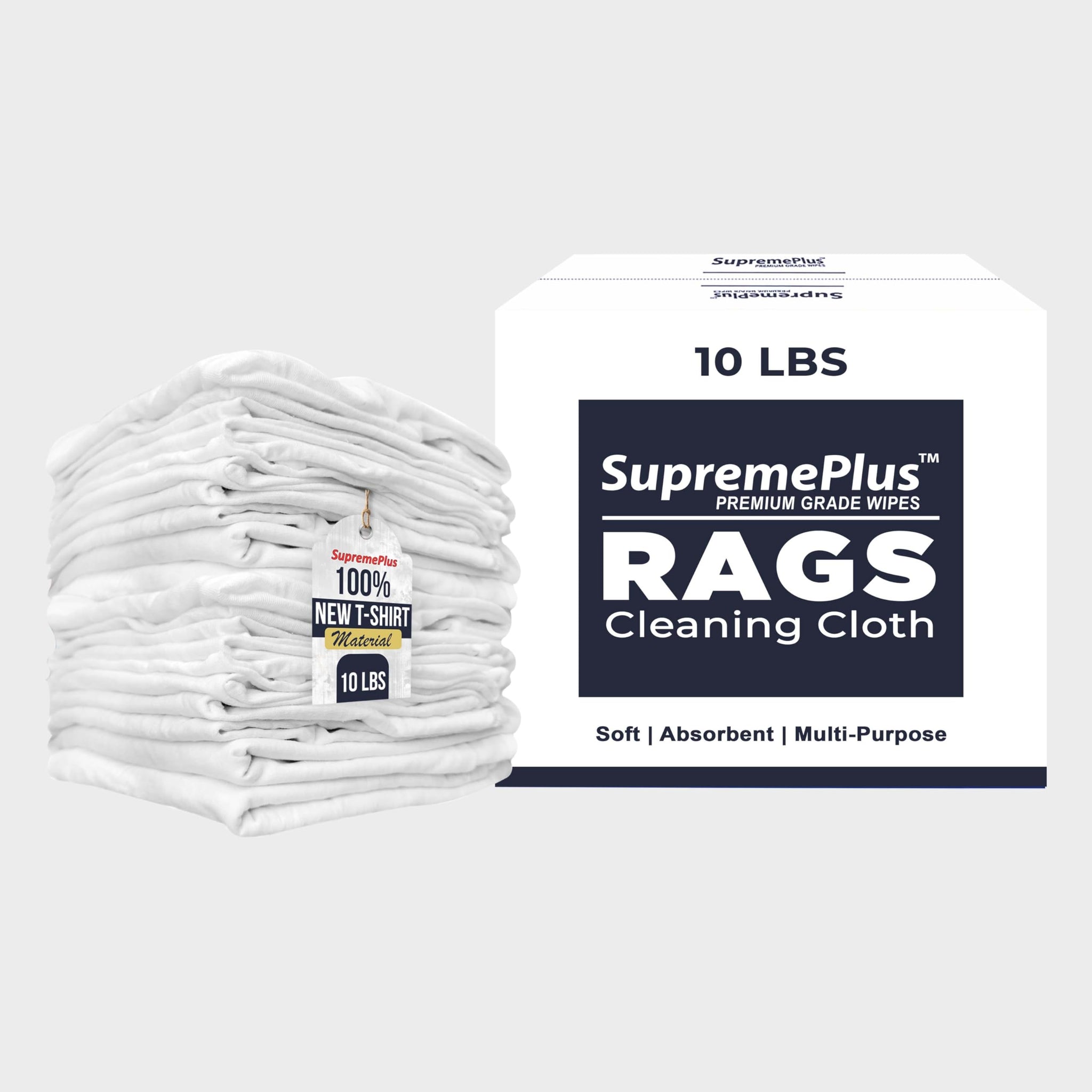 SupremePlus Premium New White Cotton Knit T-Shirt Rags (10 lbs. Box of Rags) - Lint-Free, Soft & Absorbent Cleaning Cloths for Auto, Paint, Garage