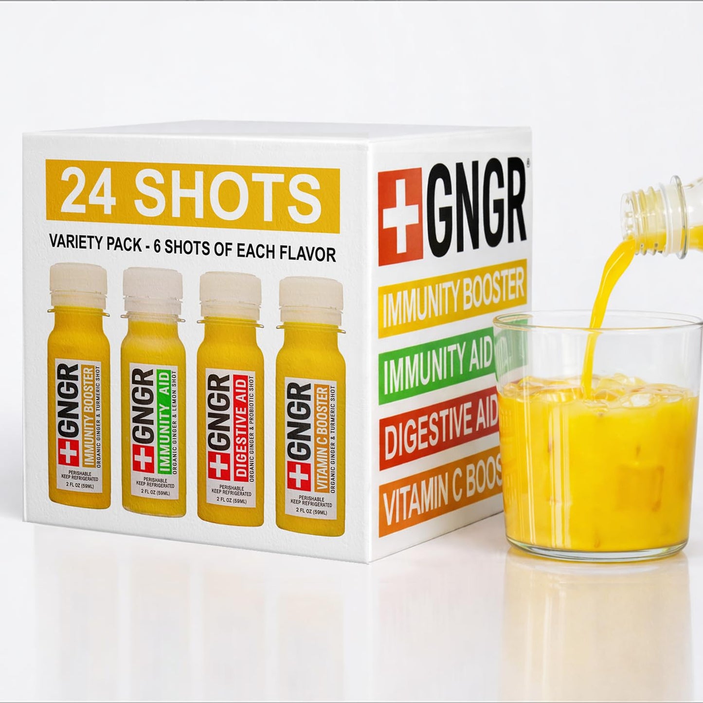 GNGR 24 Shots Variety Pack of Organic Cold-Pressed Ginger Shots - 4 Target Formulas with Peruvian Ginger, High-Absorption Turmeric & Vitamin C